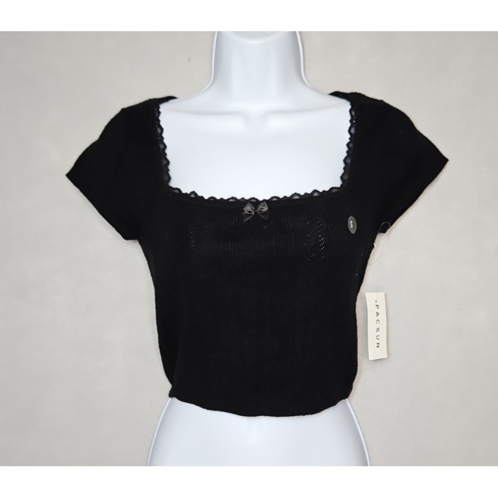 Beverly & Beck Womens Black Textured Square‎ Neck Crop Top Size Small NWT